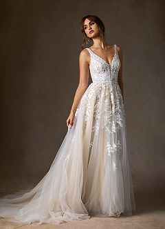 Azazie Sorella Wedding Dresses Diamond White Champagne A-Line V-Neck Sequins Tulle Dress image4