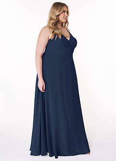 Azazie Davis Robes de demoiselle d'honneur Robe Trapèze en Mousseline de soie Col en V Bleu Marine Foncé image10