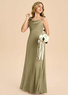 Azazie Gumdrop Junior Moss Green Empire Pleated Stretch Satin Dress image4