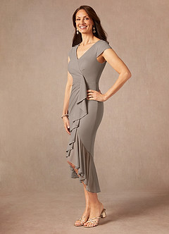 Azazie Renetta Mother of the Bride Dresses Taupe Sheath V-Neck Pleated Mesh Dress image2