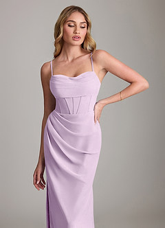 Azazie Mai Bridesmaid Dresses Frosted Lilac Sheath Pleated Chiffon Dress image5