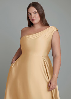 Azazie Melanie Bridesmaid Dresses Gold A-Line Off the Shoulder Stretch Satin Dress image12