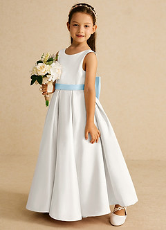 Azazie Pipsy Flower Girl Dresses Ivory Sky Blue A-Line Bow Matte Satin Dress image2
