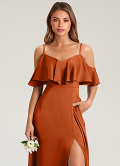 Azazie Jean Vestidos de damas de honor Vestido de Naranja Quemada de Satén Elástico de Corte en A con Vestidos sin tirantes image6