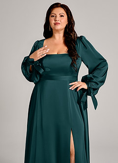 Azazie Leonia Brudtärnklänningar Klä av A-Linje i Stretch Satin Långärmad Tallgrön image9
