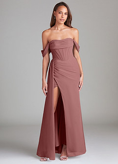 Azazie Amyra Robes de demoiselle d'honneur Robe Fourreau Convertible en Mousseline de soie Épaule décolletée Rose Du Désert image1