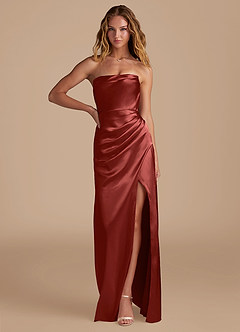 Azazie Leonis Robes de demoiselle d'honneur Robe Sirène Convertible en Satiné métallisé Plissée Terracotta image1