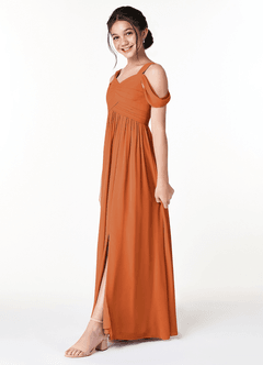 Azazie Lianne Junior Cinnamon A-Line Off the Shoulder Chiffon Dress image3
