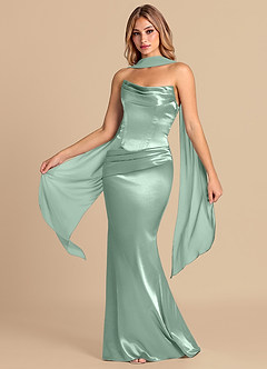 Azazie Sorrel Jurken voor bruidsmeisjes Converteerbaar Jurk van Metaalachtig Satijn met Zeemeermin Korset Agave image1