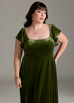 Azazie Bondi Robes de demoiselle d'honneur Robe Trapèze en velours Fente Latérale Olive image11