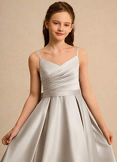 Azazie Sweets Junior Formal Flower Girl Dresses Frost A-Line Pleated Matte Satin Dress image6
