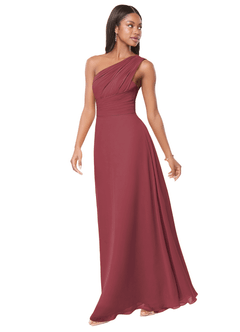 Azazie Ashley Vestidos de damas de honor Vestido de Merlot de Gasa de Corte en A con Volante image1