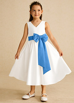 Azazie Darling Flower Girl Dresses Ivory Blue Jay A-Line Bow Cotton Dress image2