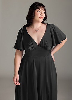 Azazie Kimber Bridesmaid Dresses Black A-Line Ruched Stretch Satin Dress image11