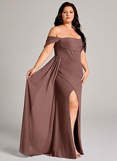 Azazie Amyra Bridesmaid Dresses Espresso Sheath Off the Shoulder Chiffon Convertible Dress image11