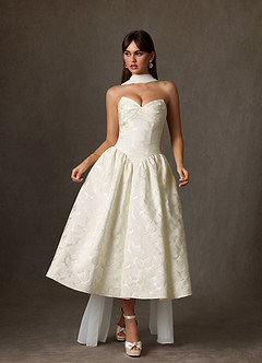 Azazie Devam Wedding Dresses Cream A-Line Strapless Floral Jacquard Dress image1