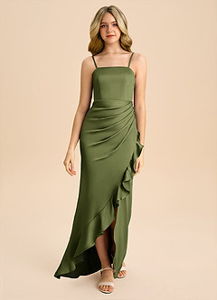 Azazie Buzzy Junior Olive Sheath Pleated Stretch Satin Dress image4