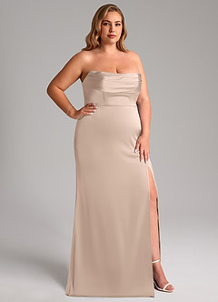 Azazie Saige Vestidos de damas de honor Vestido Rosa Inglesa de Satén Elástico de Corte Recto con Hombros descubiertos image17