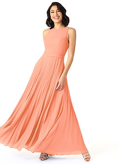 Azazie Lindie Brautjungfernkleider A-Linie Schaufel Gefaltet Chiffon Kleid Sonnenuntergang image3