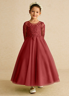 Azazie Precious Flower Girl Dresses Rust A-Line Lace Tulle Dress image4