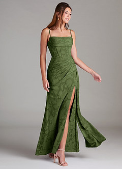 Azazie Denisa Bridesmaid Dresses Olive Sheath Pleated Floral Burnout Dress image4