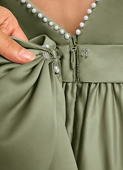 Azazie Dumpling Flower Girl Dresses Pistachio A-Line Bow Matte Satin Dress image7