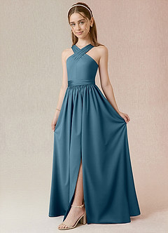 Azazie Jiya Junior Bermuda A-Line Pleated Stretch Satin Dress image1