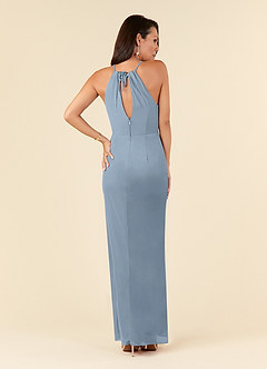 Azazie Hadid At-home Try On Dresses Dusty Blue Sheath Pleated Mesh Dress image2