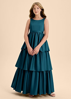 Azazie Meadowyn Junior Abito A-Line in Raso Elasticizzato Fiocco Blu Inchiostro image1