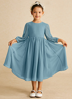 Azazie Lolo Flower Girl Dresses Moody Blue A-Line with Sleeves Chiffon Dress image3