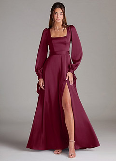 Azazie Leonia Bridesmaid Dresses Mulberry A-Line Long Sleeve Stretch Satin Dress image1