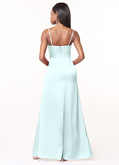 Azazie Maci Bridesmaid Dresses Sea Glass A-Line V-Neck Pleated Stretch Satin Dress image2