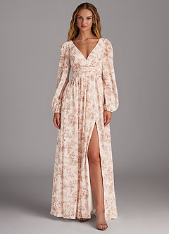 Azazie Norah Bridesmaid Dresses Pink Fern Floral A-Line V-Neck Long Sleeve Chiffon Dress image1