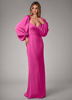 Azazie Sonata Bridesmaid Dresses Fuchsia Sheath Long Sleeve Stretch Satin Convertible Dress image4