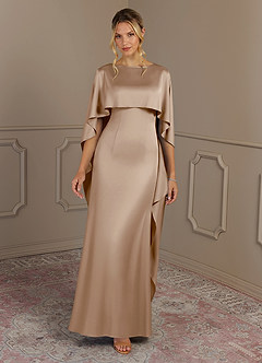 Azazie Eli Mother of the Bride Dresses Taupe Sheath Boatneck Stretch Satin Dress image4
