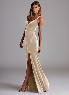 Azazie Becca Bridesmaid Dresses Champagne Sheath Velvet Dress image2