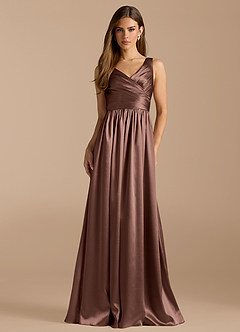 Azazie Keyla Bridesmaid Dresses Espresso A-Line Pleated Metallic Satin Dress image1