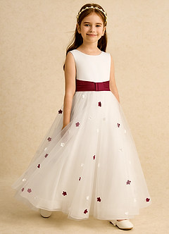 Azazie Cricket Jurken voor bloemenmeisjes Baljurk Jurk van Mat Satijn Geplooid Ivoor Bordeaux image7