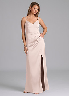 Azazie Leo Final Sale Blushing Pink Sheath Pleated Stretch Satin Dress image5