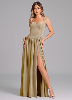Azazie Francis Bridesmaid Dresses Golden Tan A-Line Corset Velvet Dress image1
