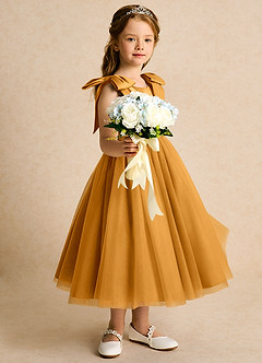 Azazie Serene Abiti da Ragazza di Fiori Abito Principessa in Raso Opaco Fiocco Caramello image5