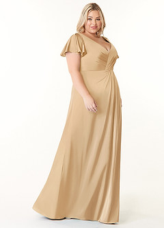 Azazie Soren Bridesmaid Dresses Gold A-Line Pleated Stretch Satin Dress image10