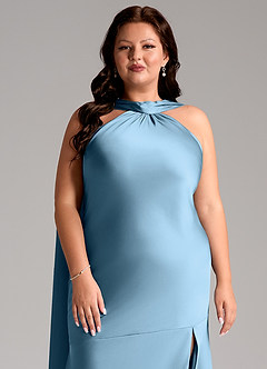 Azazie Kinsley Vestidos de madrinha de casamento Vestido Aço Azul de Cetim elástico de sereia com Fenda Lateral image13