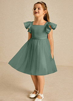 Azazie Kaeya Flower Girl Dresses Eucalyptus A-Line Bow Tulle Dress image4
