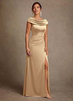 Azazie Irvine Mother of the Bride Dresses Champagne A-Line Pleated Stretch Satin Dress image4