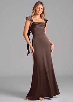 Azazie Adi Bridesmaid Dresses Ganache A-Line Pleated Stretch Satin Dress image3