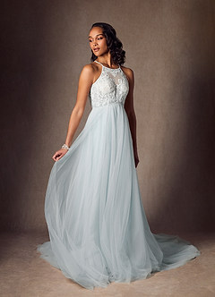 Azazie Odell At-home Try On Dresses Misty Blue A-Line Halter Sequins Tulle Dress image7
