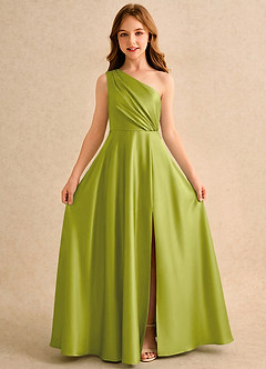Azazie Puddles Girls Formal Robe Demoiselle D'honneur Fillette Robe Trapèze en Satin extensible Une épaule Citronnelle image5