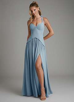 Azazie Michelle Bridesmaid Dresses Dusty Blue A-Line Corset Chiffon Dress image5
