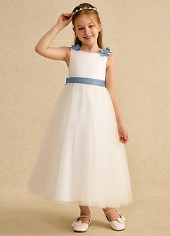 Azazie Lilli Flower Girl Dresses Ivory Dusty Blue A-Line Bow Tulle Dress image5